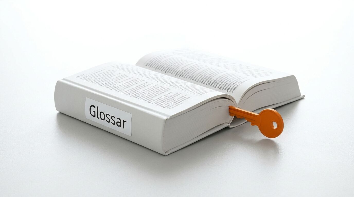 Ein aufgeschlagenes Buch, beschriftet mit 'Glossar', und ein orangefarbener Schlüssel stecken darin