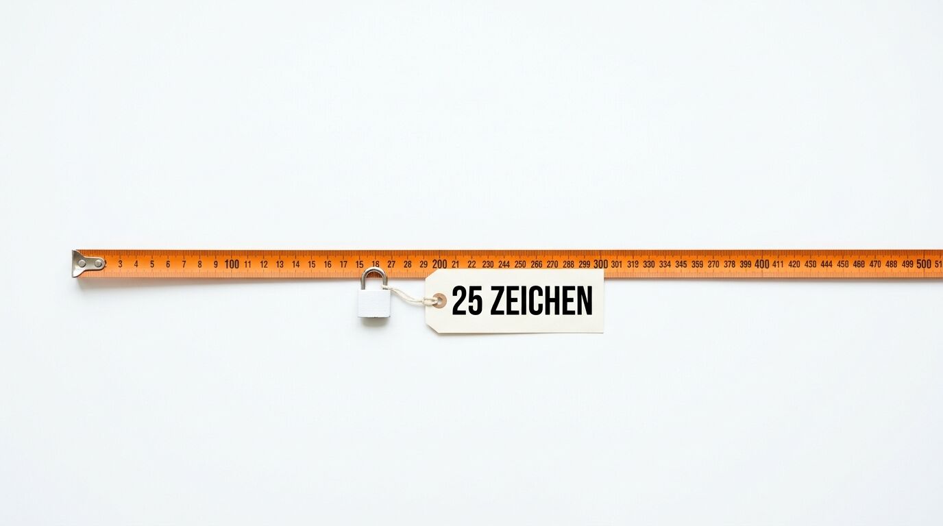 Ein Maßband, an dem ein Schloss und ein Etikett mit der Aufschrift „25 ZEICHEN“ befestigt sind