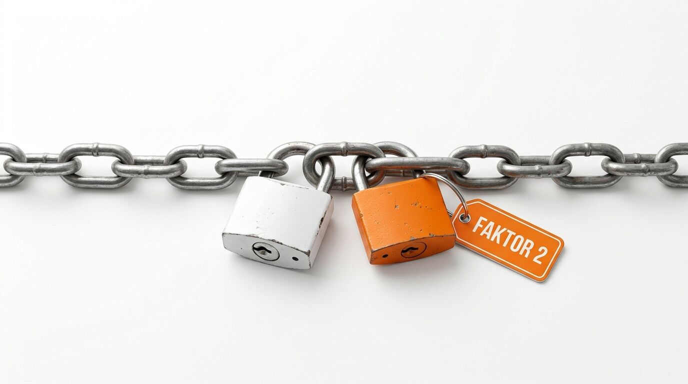 Eine Kette ist mit zwei Vorhängeschlössern gesichert, davon eines orange mit dem Tag „FAKTOR 2“