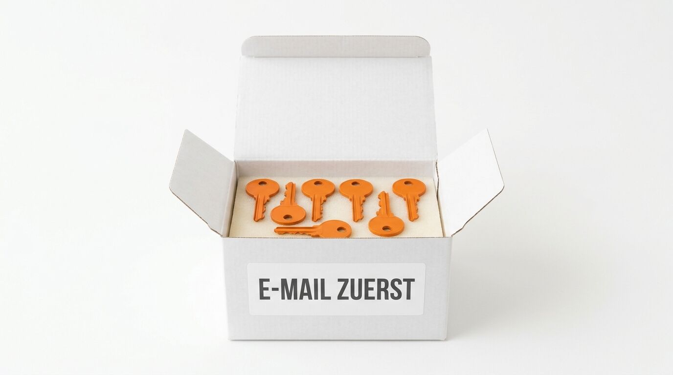 Ein offener weißer Karton mit orangen Schlüsseln und Etikett „E-MAIL ZUERST“ auf weiß