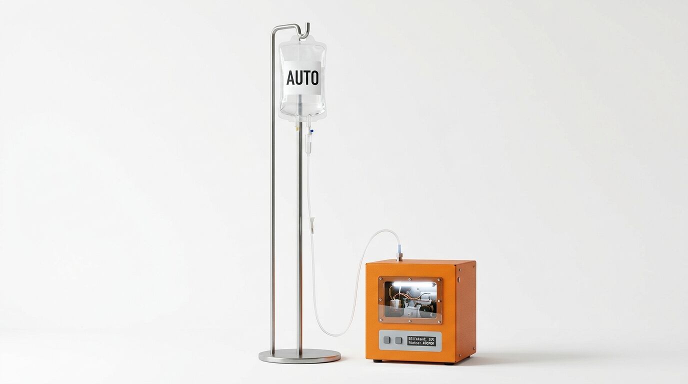 Infusionsständer mit Infusionsbeutel „AUTO“ und eine orangefarbene Steuerbox mit Kabelführung