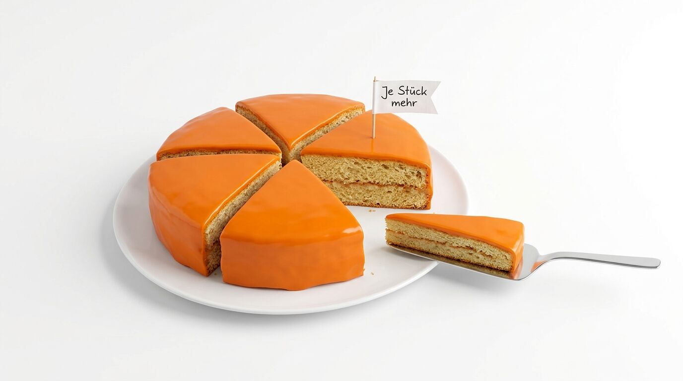 Oranger Torte auf Teller, ein Stück auf Heber, Fähnchen mit Text „Je Stück mehr“