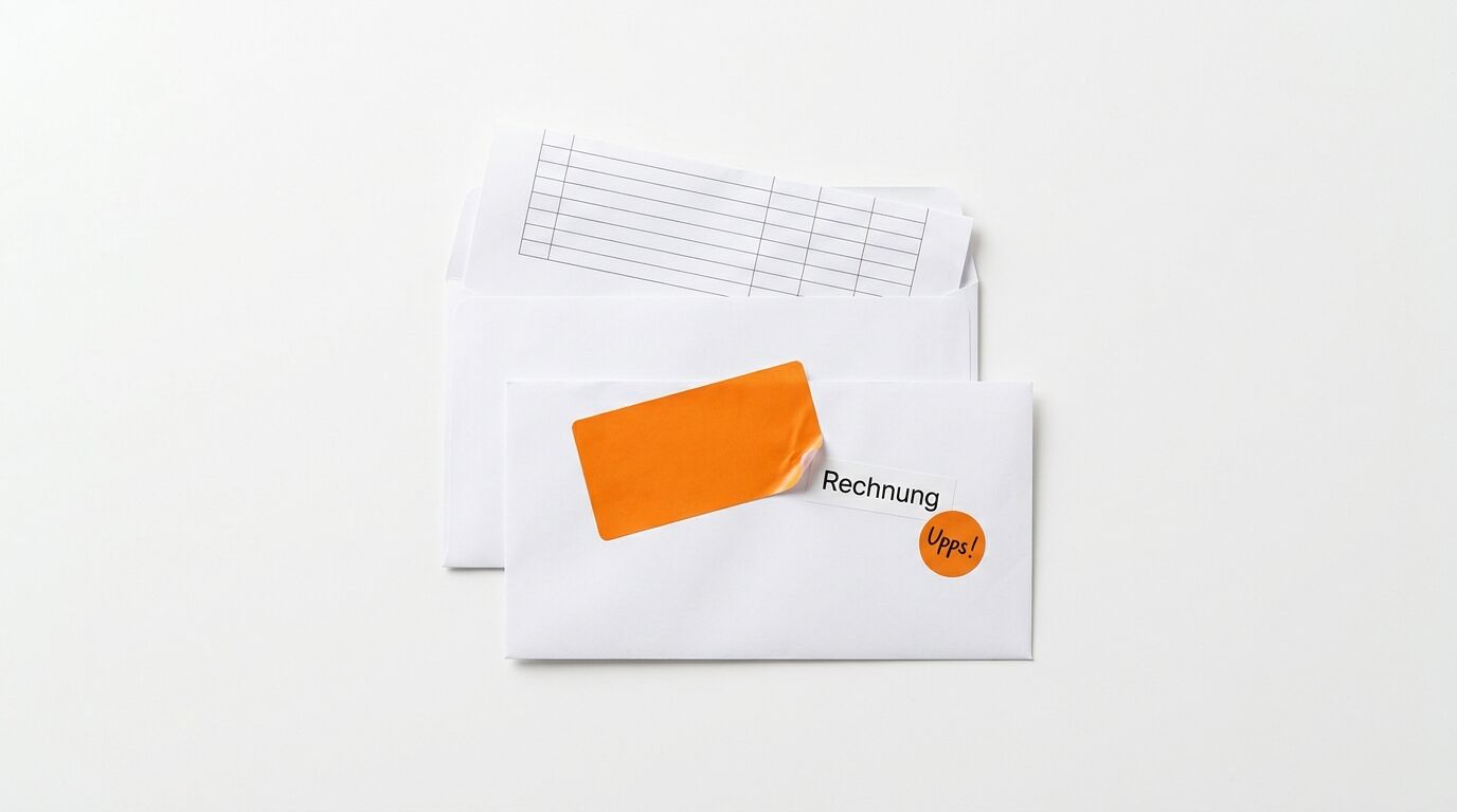 Geöffneter Umschlag mit Tabelle, vorderer mit Aufklebern „Rechnung“ und „Upps!“