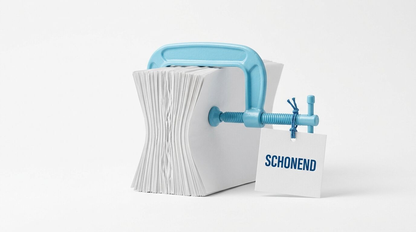 Blaue Schraubzwinge drückt weißen Papierstapel zusammen; daran Schild mit Wort „SCHONEND“