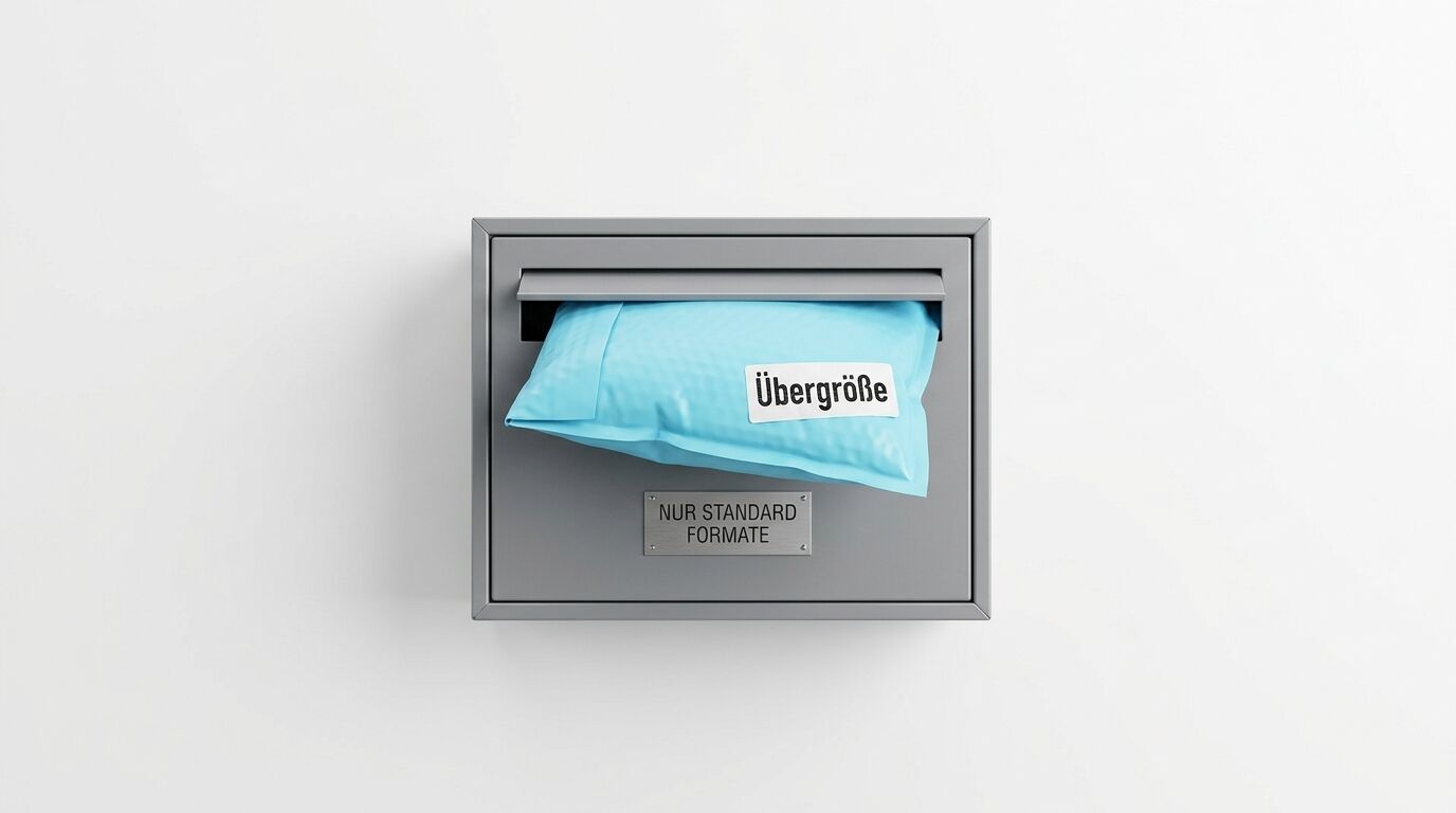 Blauer Umschlag mit Aufschrift „Übergröße“ steckt in Briefkasten mit Hinweis „Nur Standardformate“
