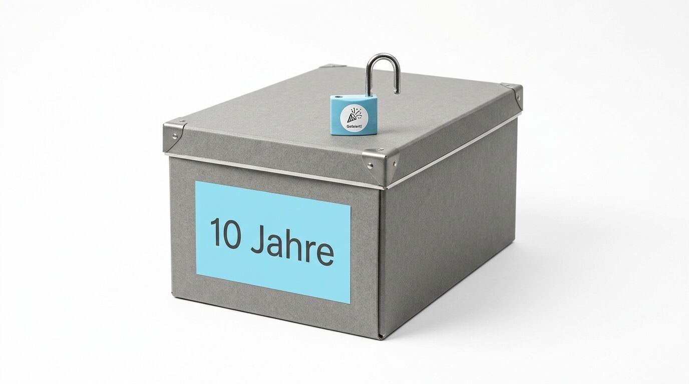 Graue Box, Aufschrift „10 Jahre“, offenes blaues Schloss mit Aufschrift „Gefunden!“ oben