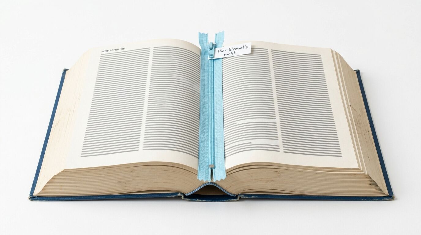 Aufgeschlagenes Wörterbuch mit Reißverschluss und Notiz