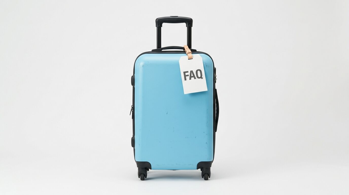 Hellblauer Trolley mit „FAQ“-Anhänger auf weißem Grund