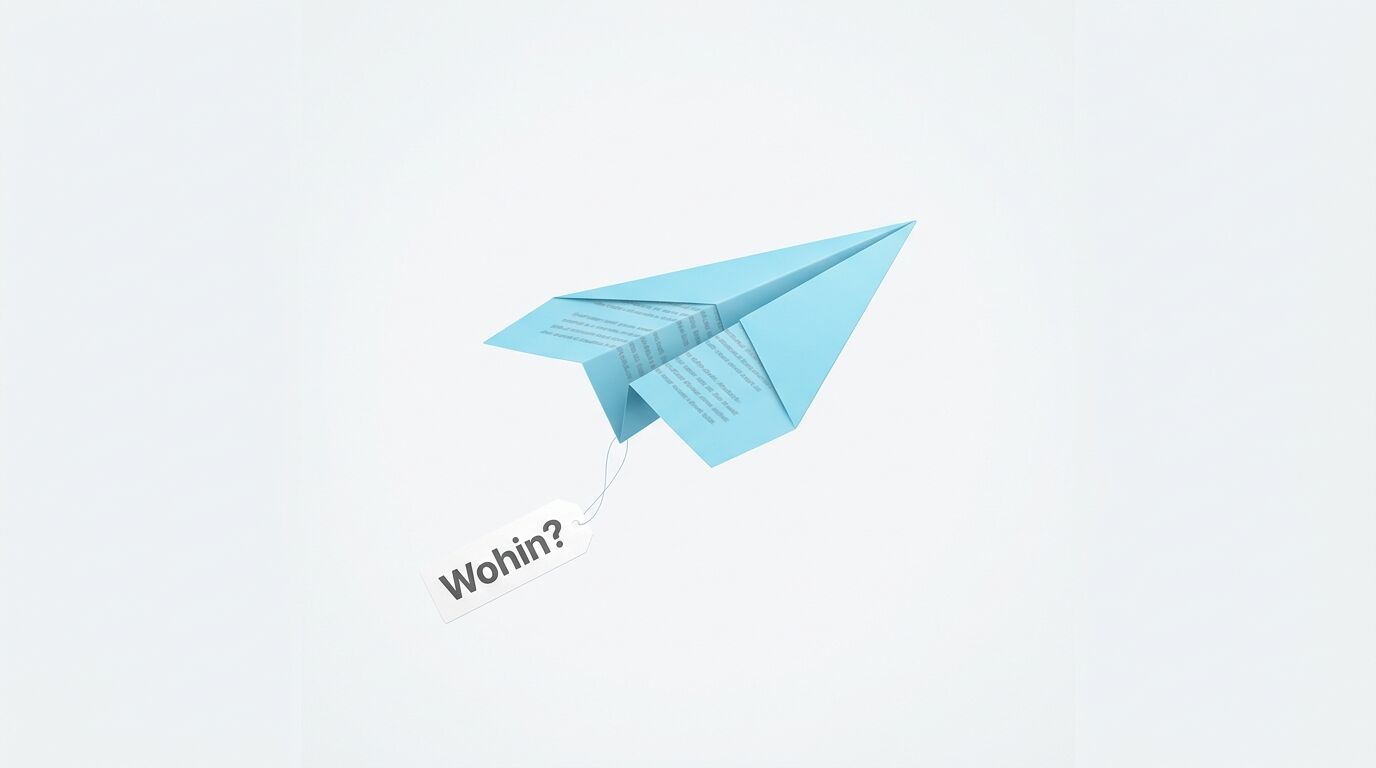 Blauer Papierflieger mit Text auf der Innenseite und einem Anhänger mit dem Wort „Wohin?“