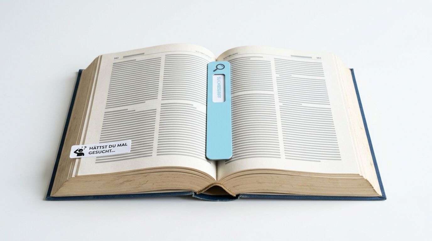 Offenes Buch mit blauem Sucher und Sticker