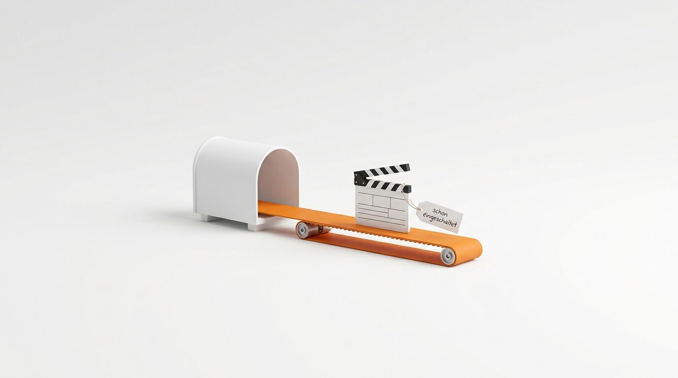 Filmklappe mit Schild und Förderband, das in einen tunnelartigen Kasten führt
