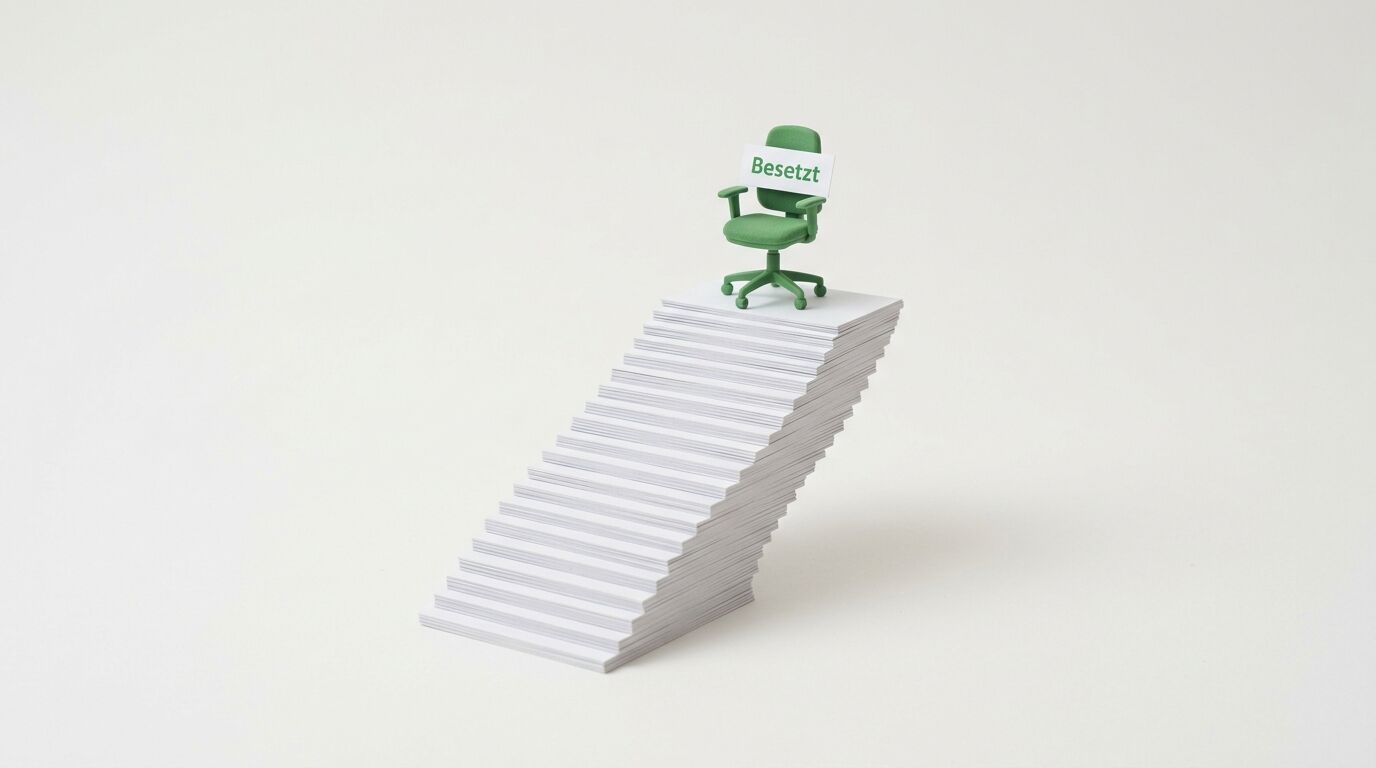 Ein grüner Bürostuhl steht auf einem Stapel weißer Papierblätter. Der Stuhl trägt die Aufschrift "Besetzt"
