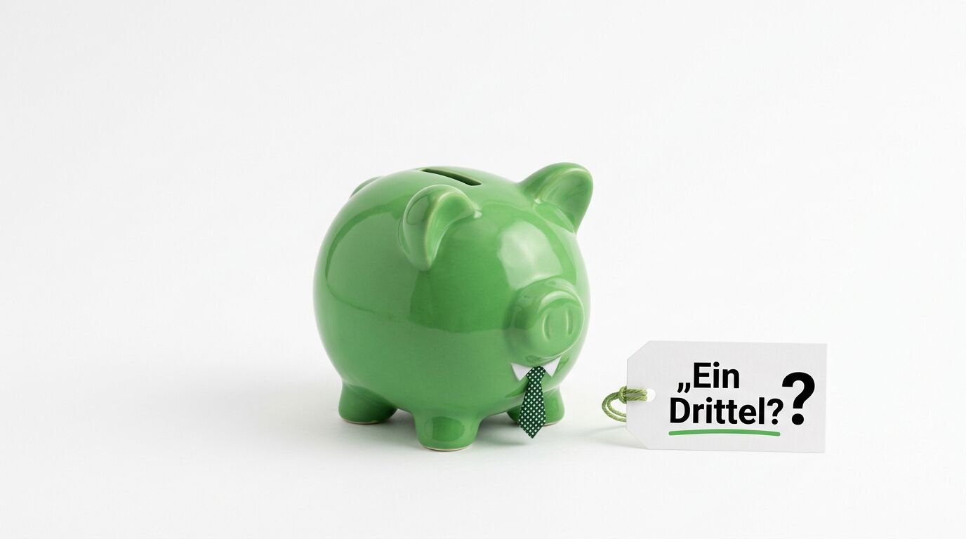 Grünes Sparschwein mit Krawatte neben Schild "Ein Drittel?" auf weißem Hintergrund