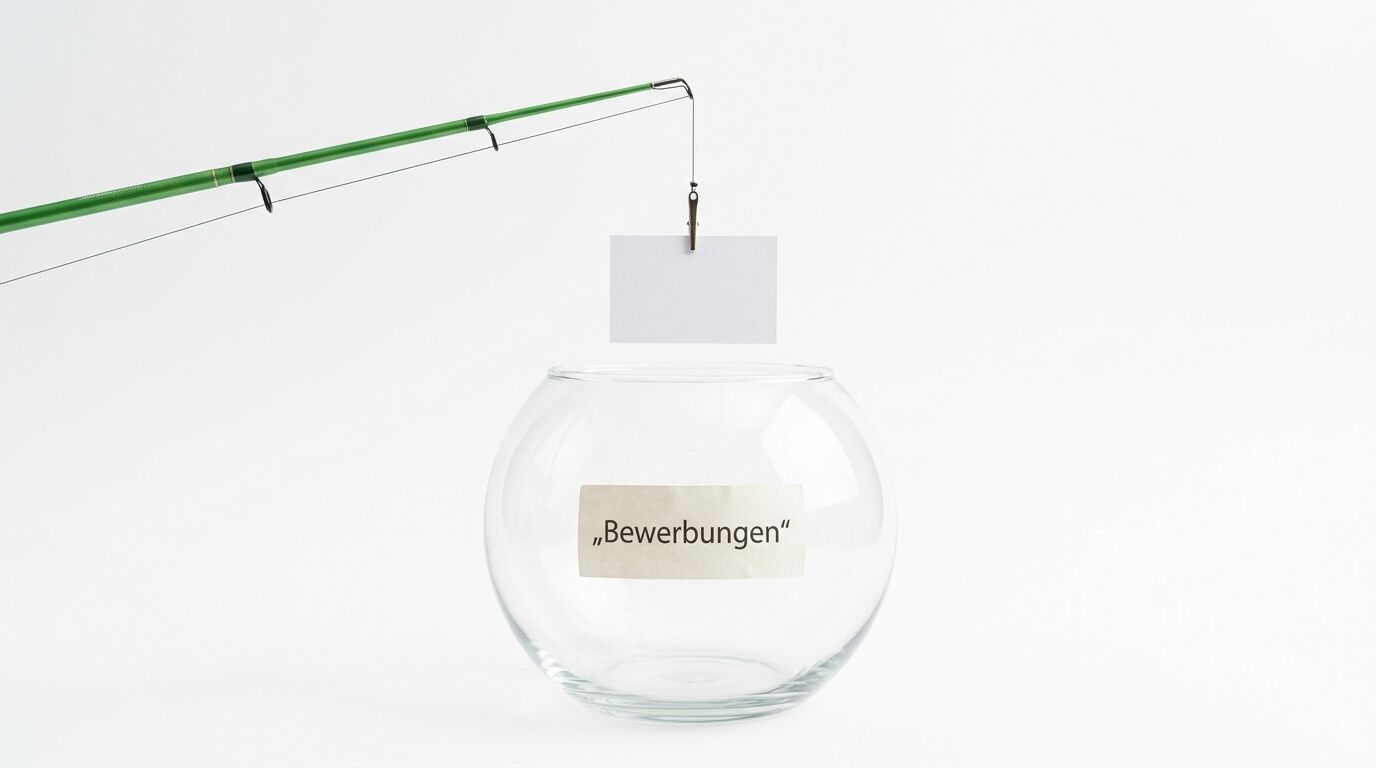 Ein leeres Glas mit der Aufschrift "Bewerbungen" hängt an einer grünen Angel mit weißem Etikett oben