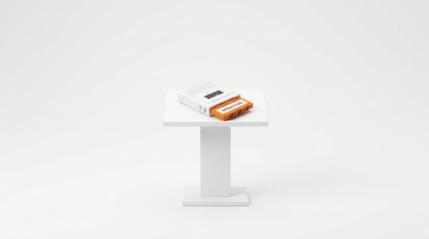 Ein weißer Kassettenrecorder mit einer orangen Kassette auf einem weißen Ständer
