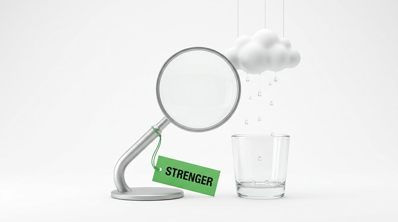 Eine Lupe mit Etikett „STRENGER“, eine Wolke und ein Glas auf grauem Grund