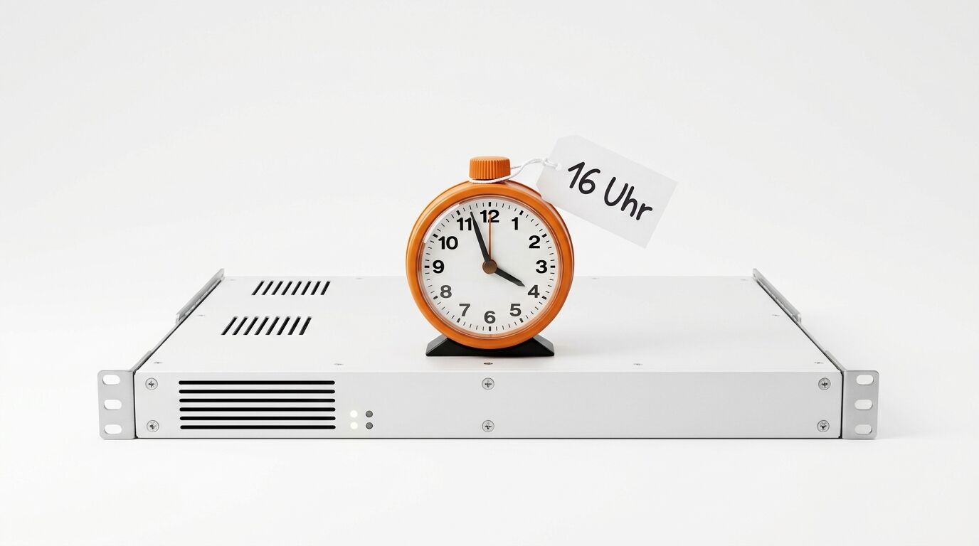 Orangefarbener Wecker mit Preisschild „16 Uhr“ steht auf einem Servergehäuse