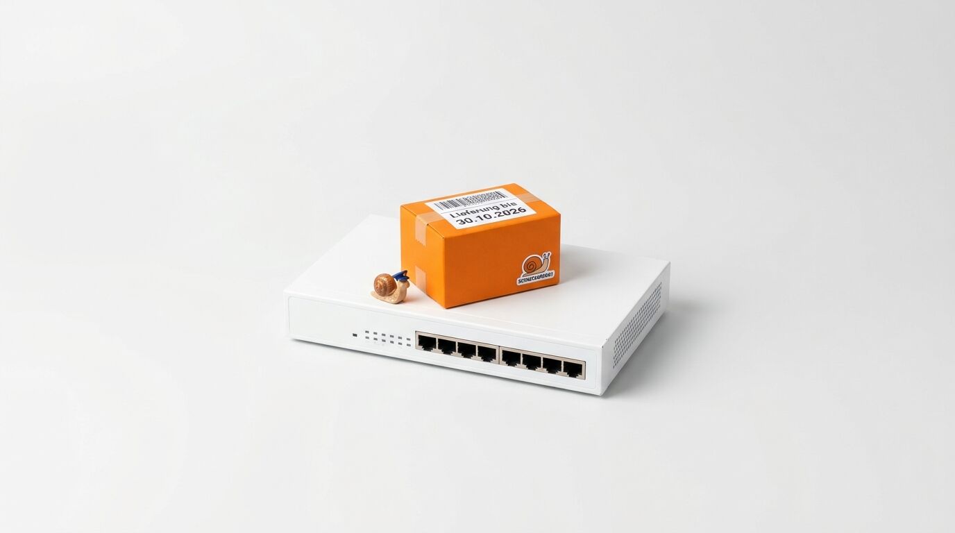 Eine Schnecke, ein gelbes Paket und ein Router auf weißem Grund