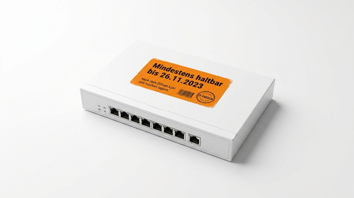 Foto eines weißen Netzwerk-Switches mit orangefarbenem MHD-Sticker auf weißem Hintergrund