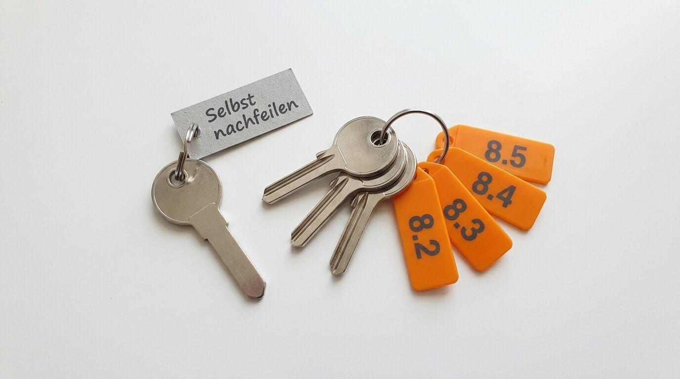 Einzelner Schlüssel mit Anhänger „Selbst nachfeilen“, daneben Schlüsselbund mit nummerierten Anhängern