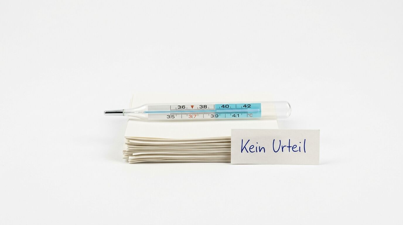 Thermometer, Papierstapel und Etikett mit Text "Kein Urteil" auf weißem Hintergrund