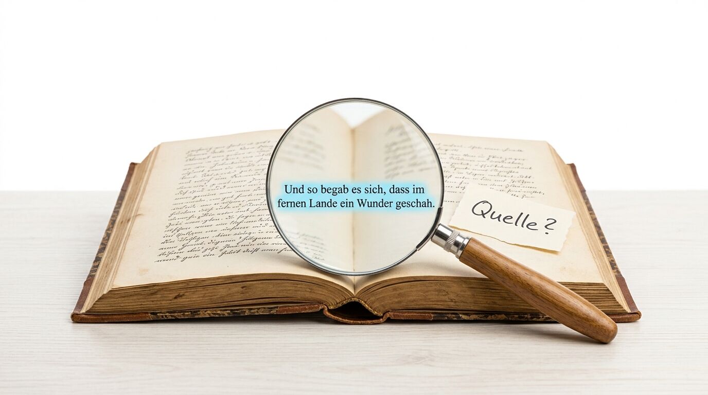 Ein altes Buch mit Lupe und Notiz "Quelle?" zeigt vergrößerten deutschen Text zur Quellenprüfung