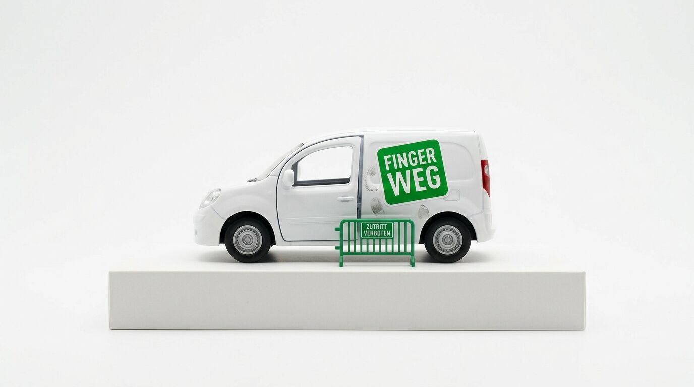 Modell-Kleintransporter mit „Finger weg“-Aufkleber und Absperrgitter auf einem Sockel