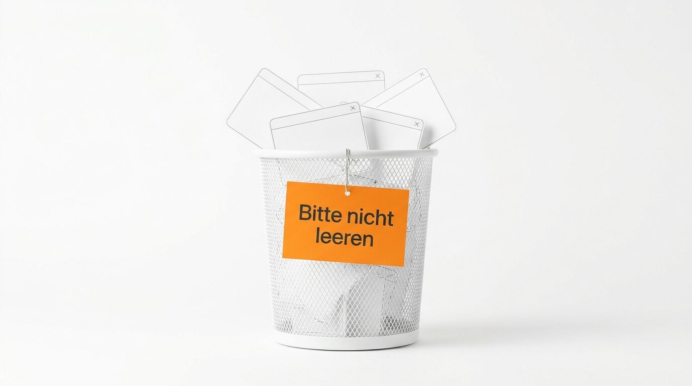 Weißer Papierkorb mit leeren Browserfenstern und Schild „Bitte nicht leeren“