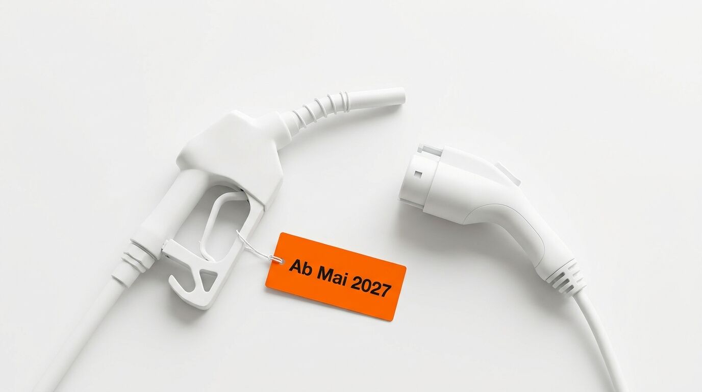Zapfpistole und E-Ladestecker mit Anhänger „Ab Mai 2027“ auf Weiß