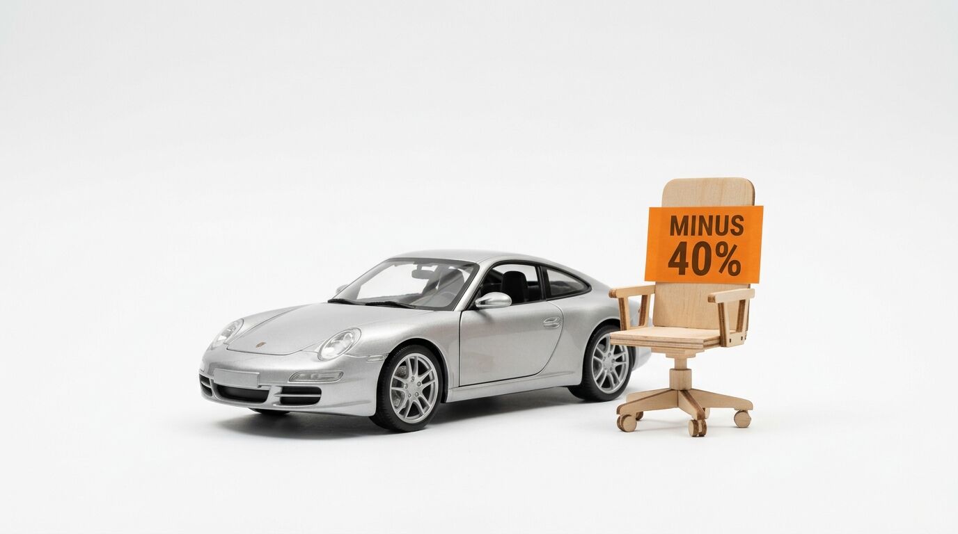 Silbernes Spielzeugauto neben einem Holz-Bürostuhl mit