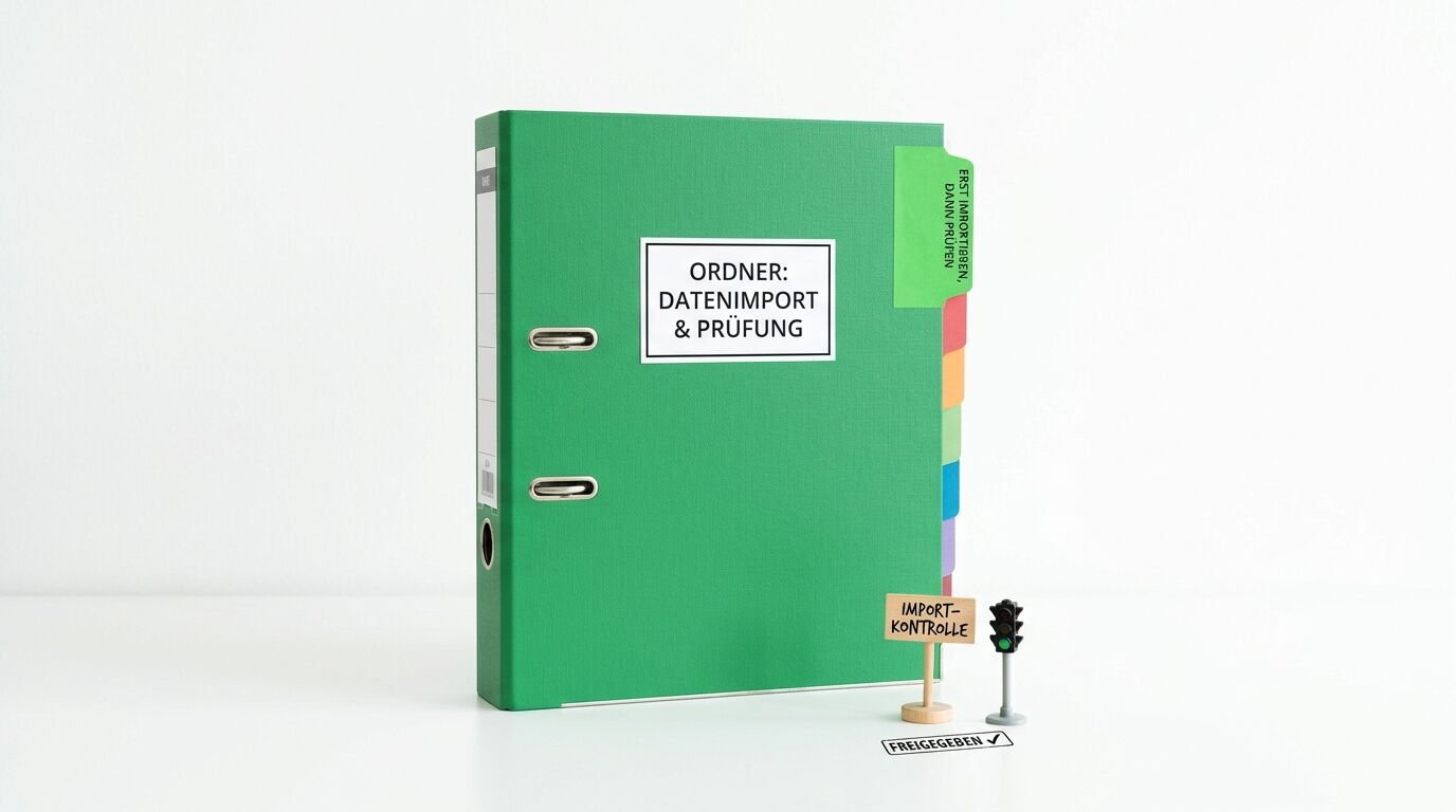 Grüner Ordner mit Aufschrift "ORDNER: DATEIMPORT & PRÜFUNG", bunten Reitern und Zubehör wie Ampel und Schild "IMPORT-KONTROLLE"