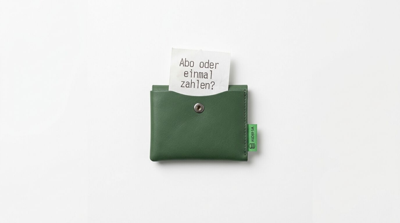 Grüne Ledergeldbörse mit ausstehendem Notizzettel, auf dem "Abo oder einmal zahlen?" geschrieben steht