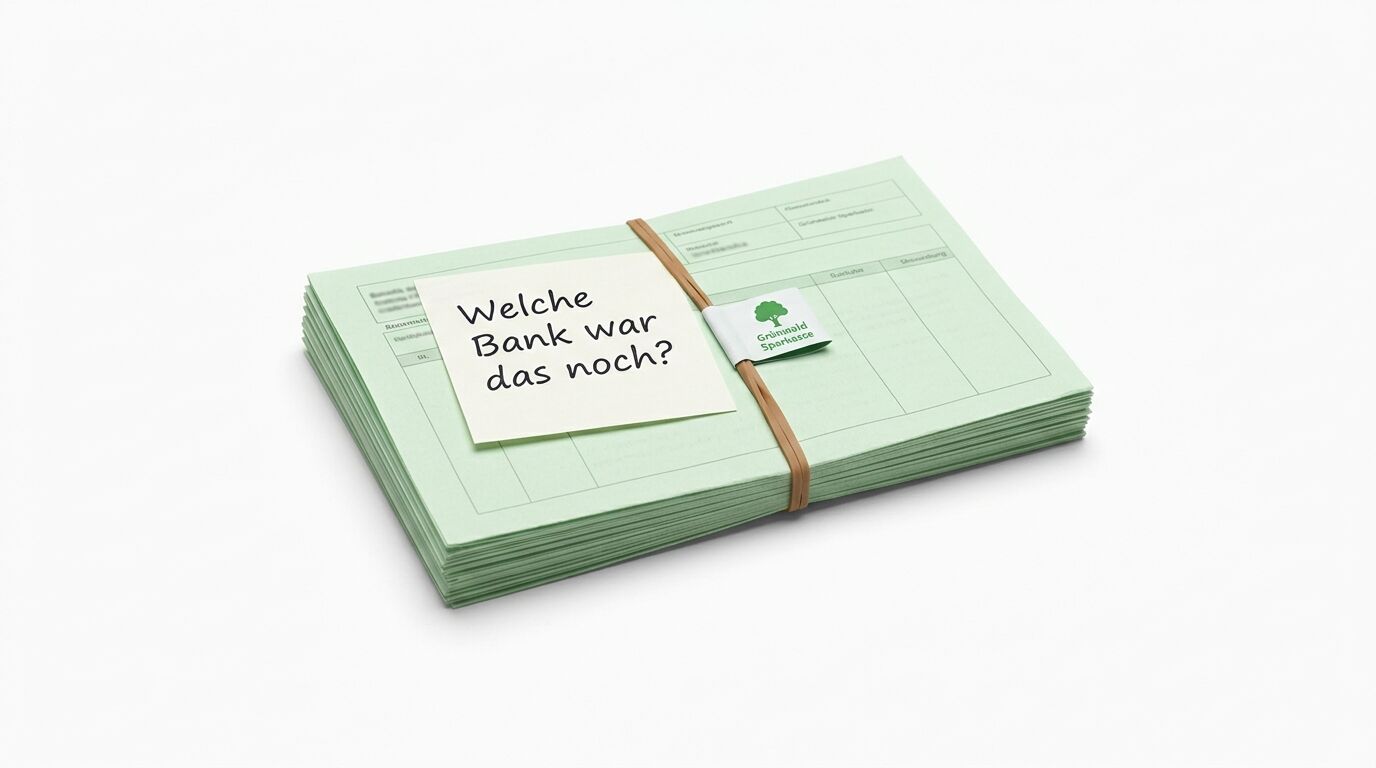 Stapel grüner Kontoauszüge mit Gummiband, Notiz "Welche Bank war das noch?" und Sparkassen-Logo