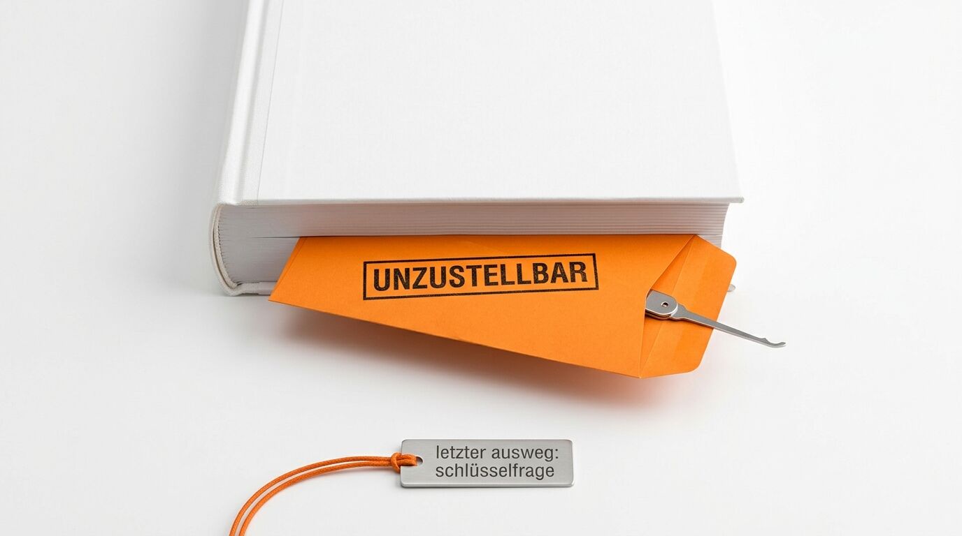 Weißes Buch mit orangem Lesezeichen „UNZUSTELLBAR“, Schlüssel-Dietrich und graviertem Anhänger