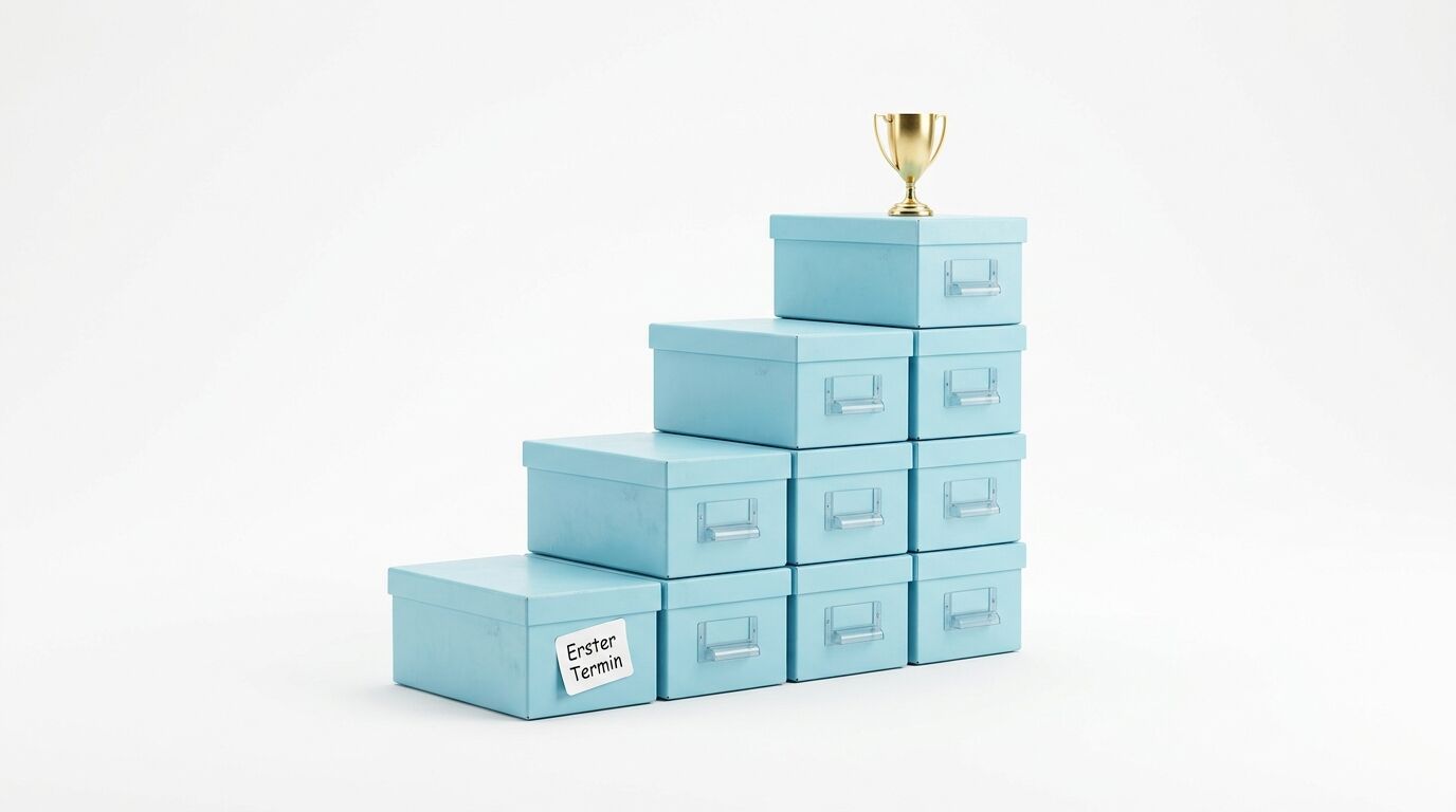 Pyramide aus hellblauen Boxen mit Griffen, oben eine goldene Trophäe, unten ein Zettel mit "Erster Termin"