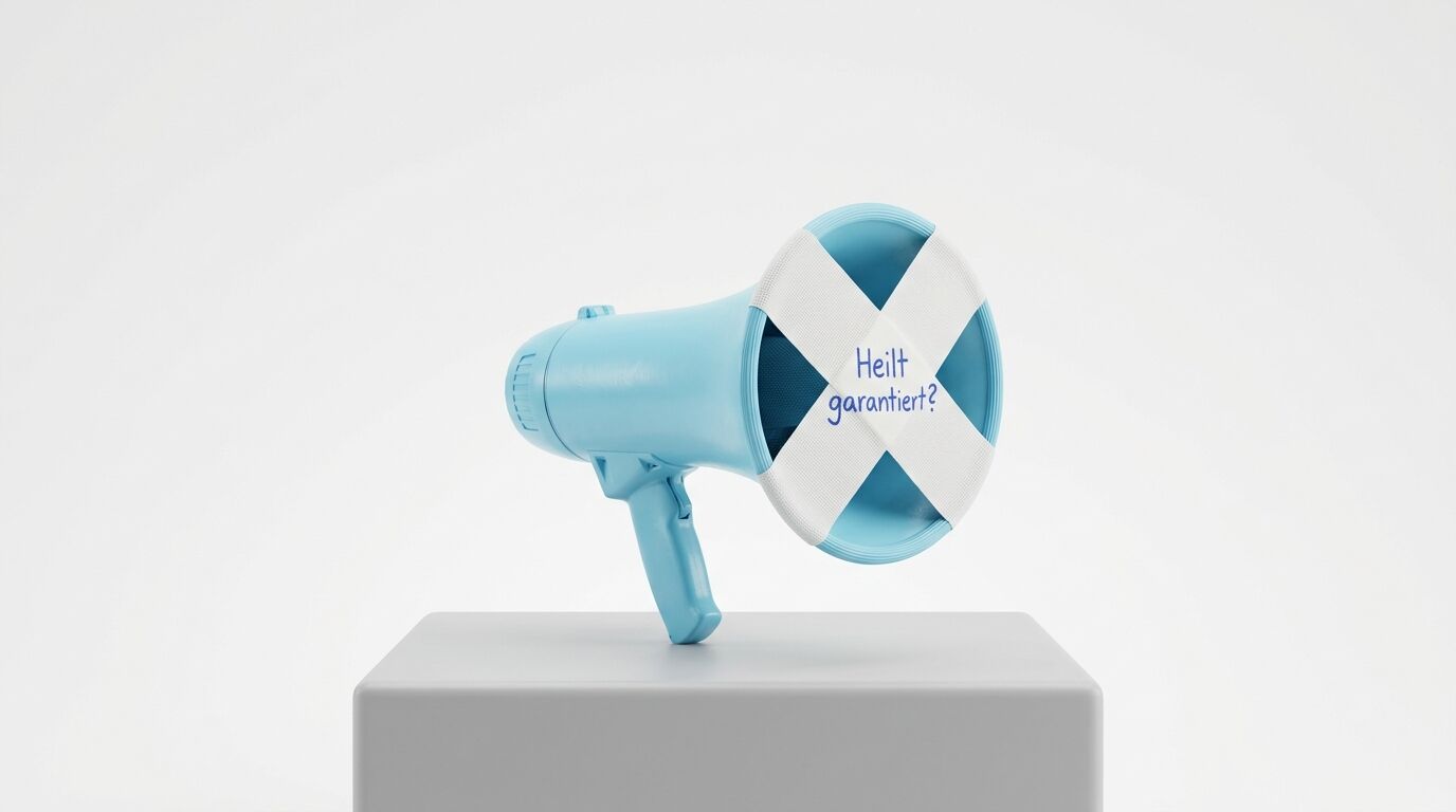 Ein hellblaues Megafon auf einem grauen Würfel mit der Aufschrift "Heilt garantiert?" auf weißem Hintergrund