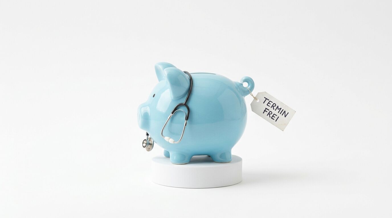 Blaues Sparschwein mit Stethoskop und einem Schild "TERMIN FREI" auf weißem Podest