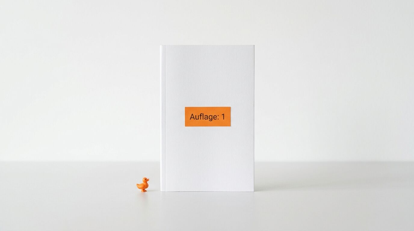 Weißes Buch mit orangefarbenem Aufkleber „Auflage: 1“, daneben kleine orange Gummiente