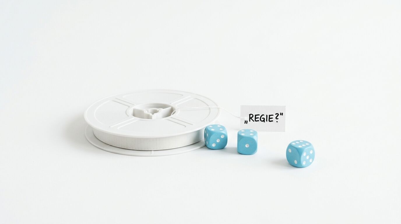 Eine Filmspule, drei blaue Würfel und ein Zettel mit „Regie?“ auf weißem Grund