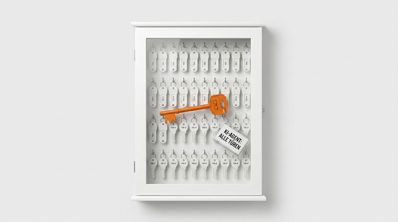 Weißer Schlüsselkasten mit weißen Schlüsseln, einem orangefarbenen Schlüssel und einem Anhänger davor