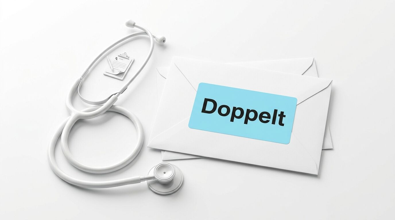 Weißes Stethoskop und zwei Briefumschläge mit dem blauen Aufkleber „Doppelt“ auf weißem Grund