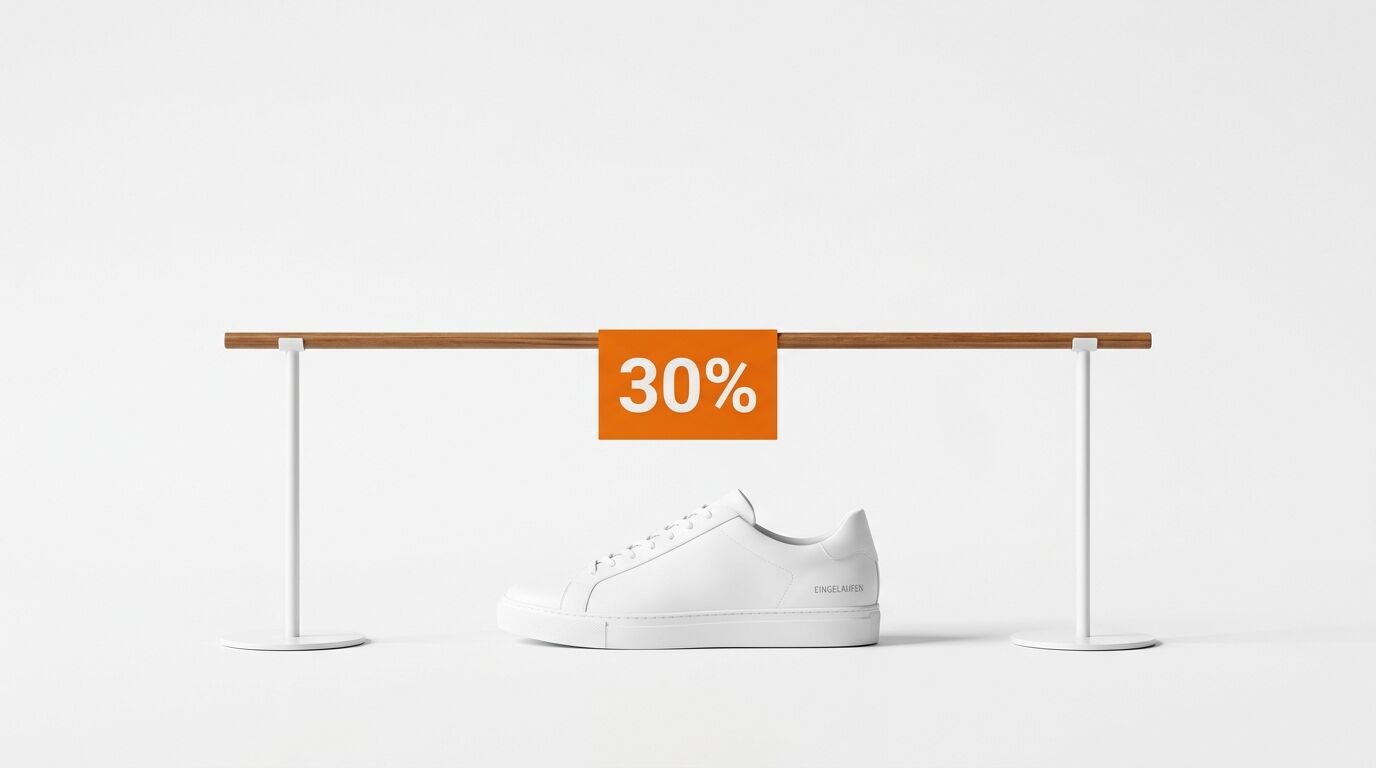 Weißer Sneaker unter Holzstange mit orangefarbenem „30%“-Schild vor weißem Hintergrund