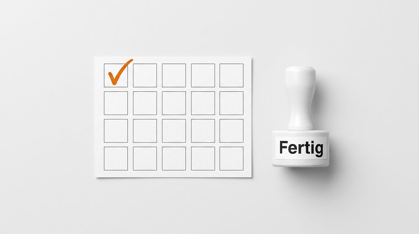 Checkliste mit orangefarbenem Haken und weißer Stempel mit schwarzem Text „Fertig“