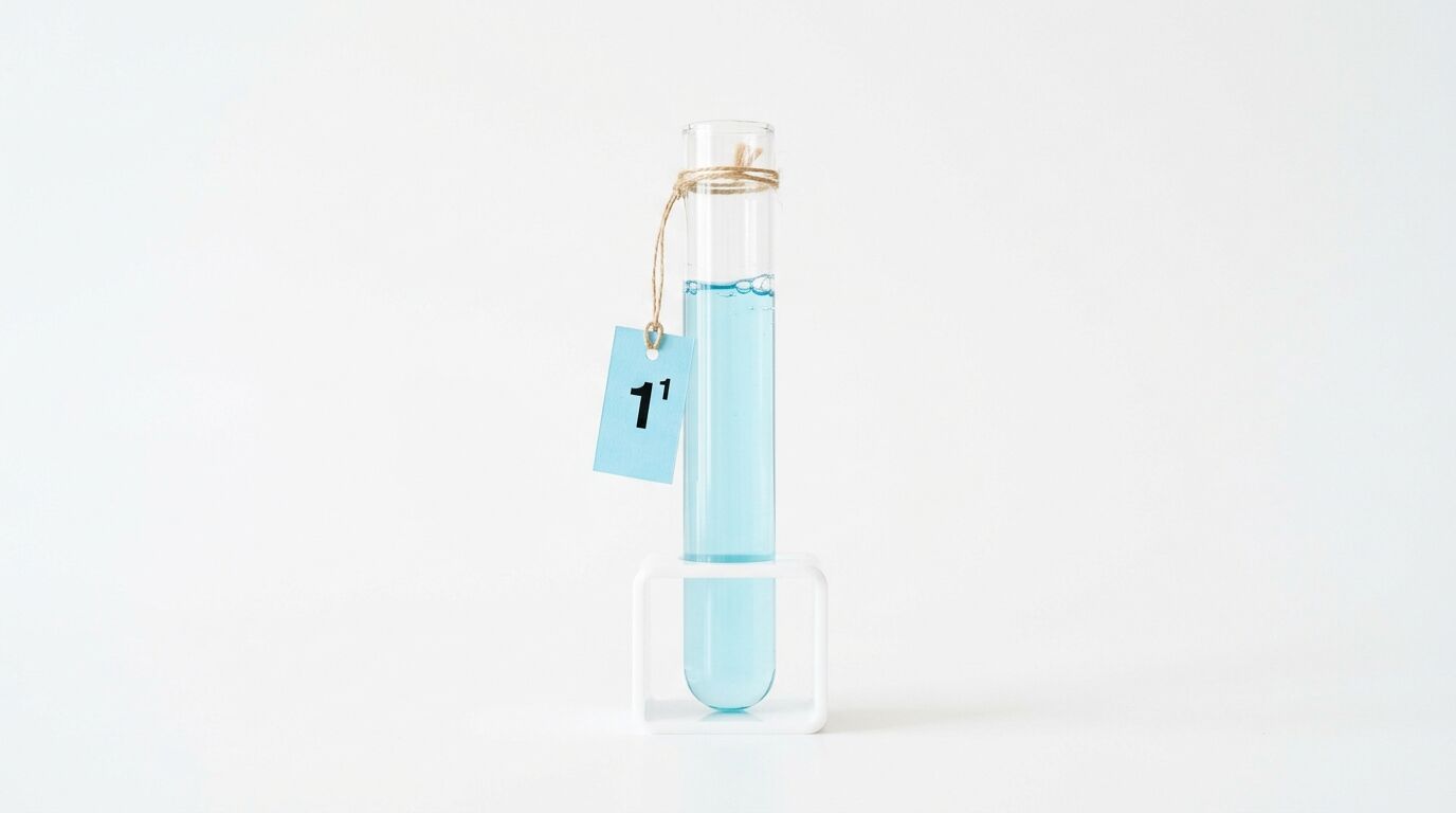 Reagenzglas mit hellblauer Flüssigkeit, Ständer, Schnur und hellblauem Anhänger mit der Aufschrift „1¹“