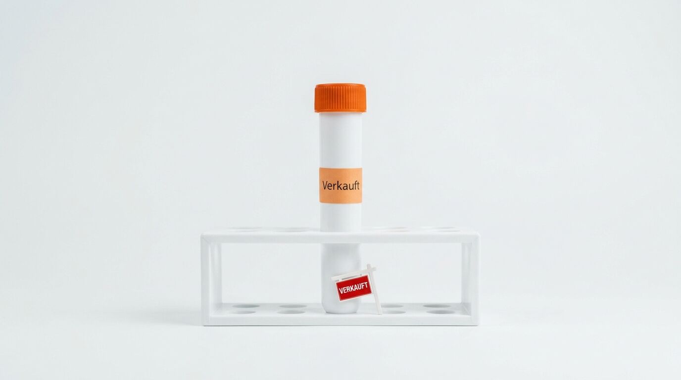 Ein Röhrchen mit orangefarbenem Deckel steht in einem Gestell vor zwei „Verkauft“-Schildern