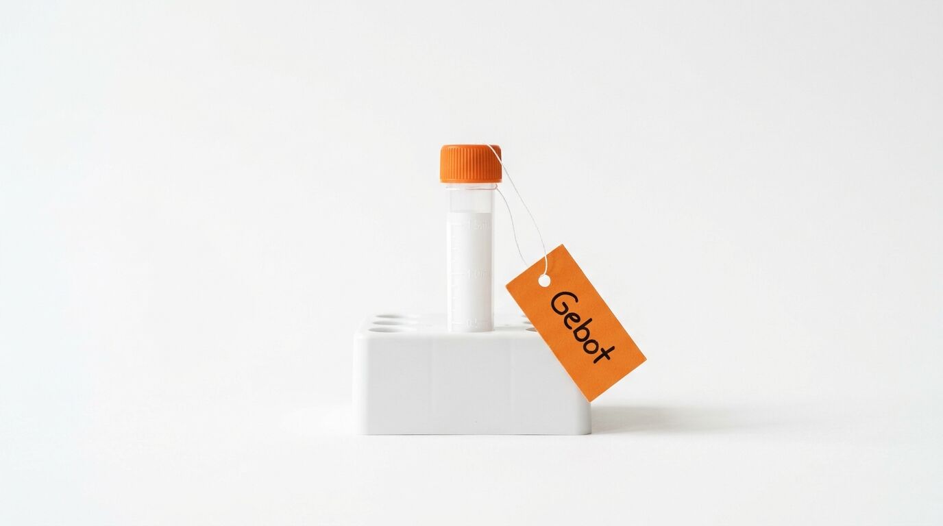 Ein Reagenzglas mit orangefarbenem Deckel im Halter mit orangefarbenem Anhänger „Gebot“