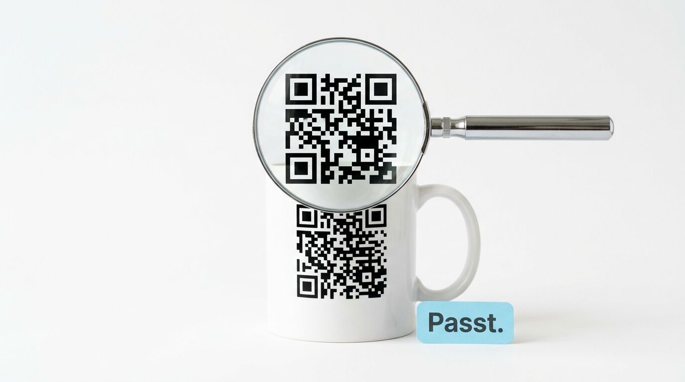 Tasse mit QR-Code, darüber Lupe, daneben Passt-Schild auf hellem Hintergrund