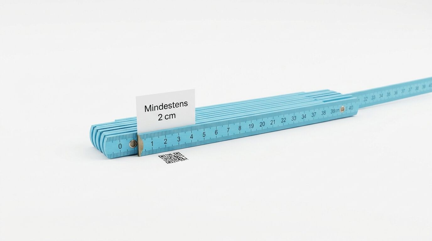 Blaues Stahllineal mit Zentimeter-Markierungen und Etikett "Mindestens 2 cm" auf weißem Hintergrund