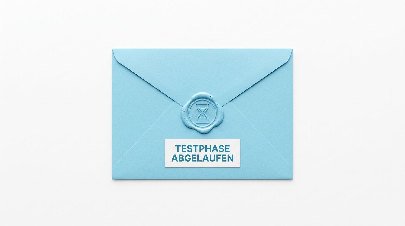 Hellblauer Umschlag mit Wachssiegel mit Sanduhr-Symbol und weißem Label "TESTPHASE ABGELAUFEN"