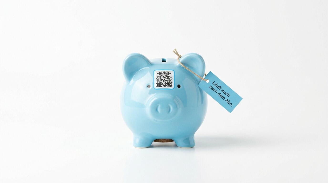 Hellblaues Sparschwein mit QR-Code und blauem Etikett mit deutscher Aufschrift auf weißem Hintergrund